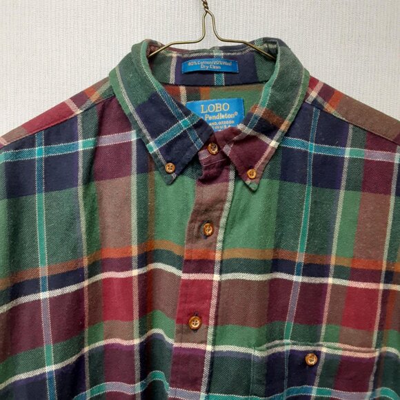 Pendleton Lobo Cotton Wool Blend Green Red Tartan plaid flannel Men's Large USA - Picture 4 of 11